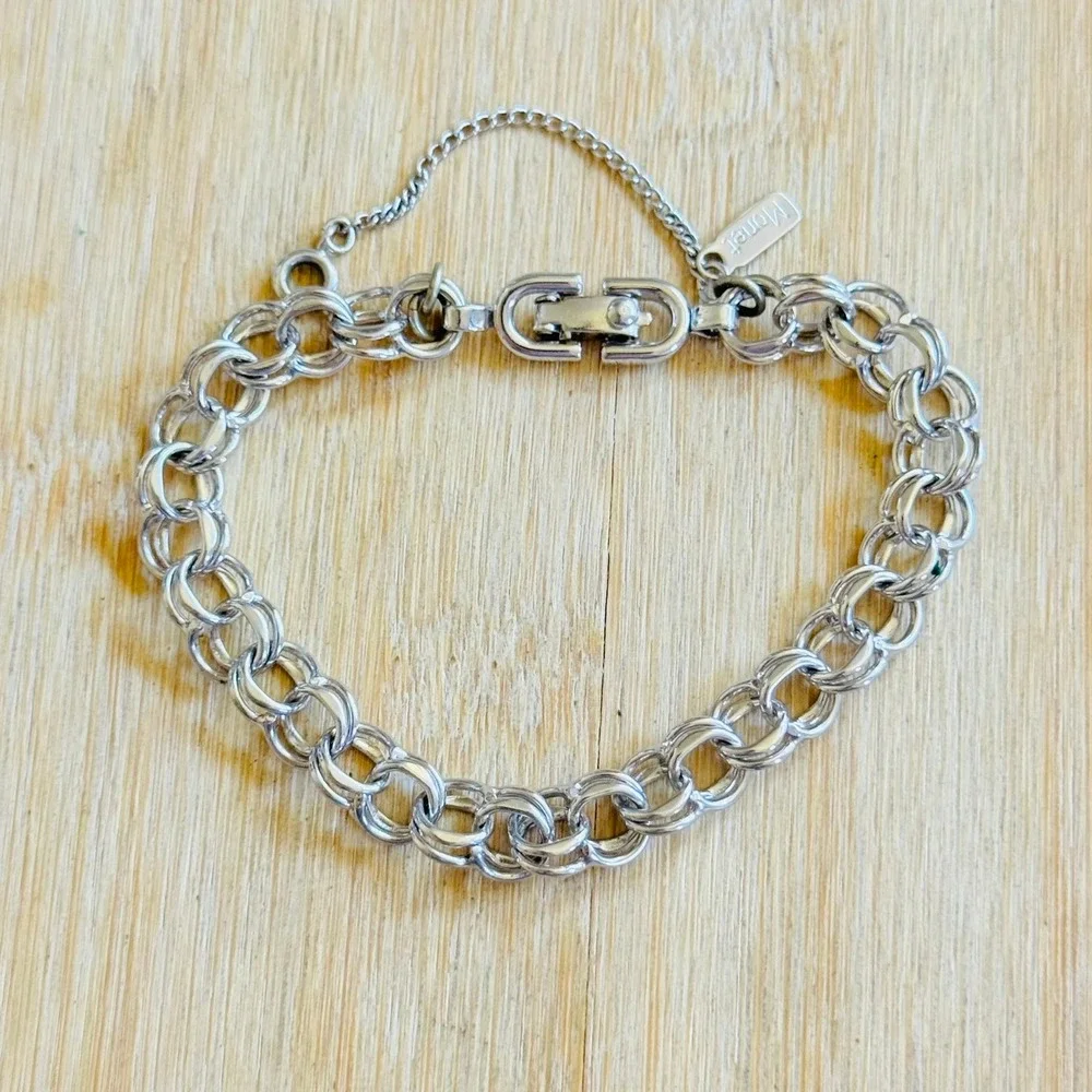 VTG Monet Silver Plated Double Rolo Chain Bracelet Charm Starter MCM Retro 7.5
